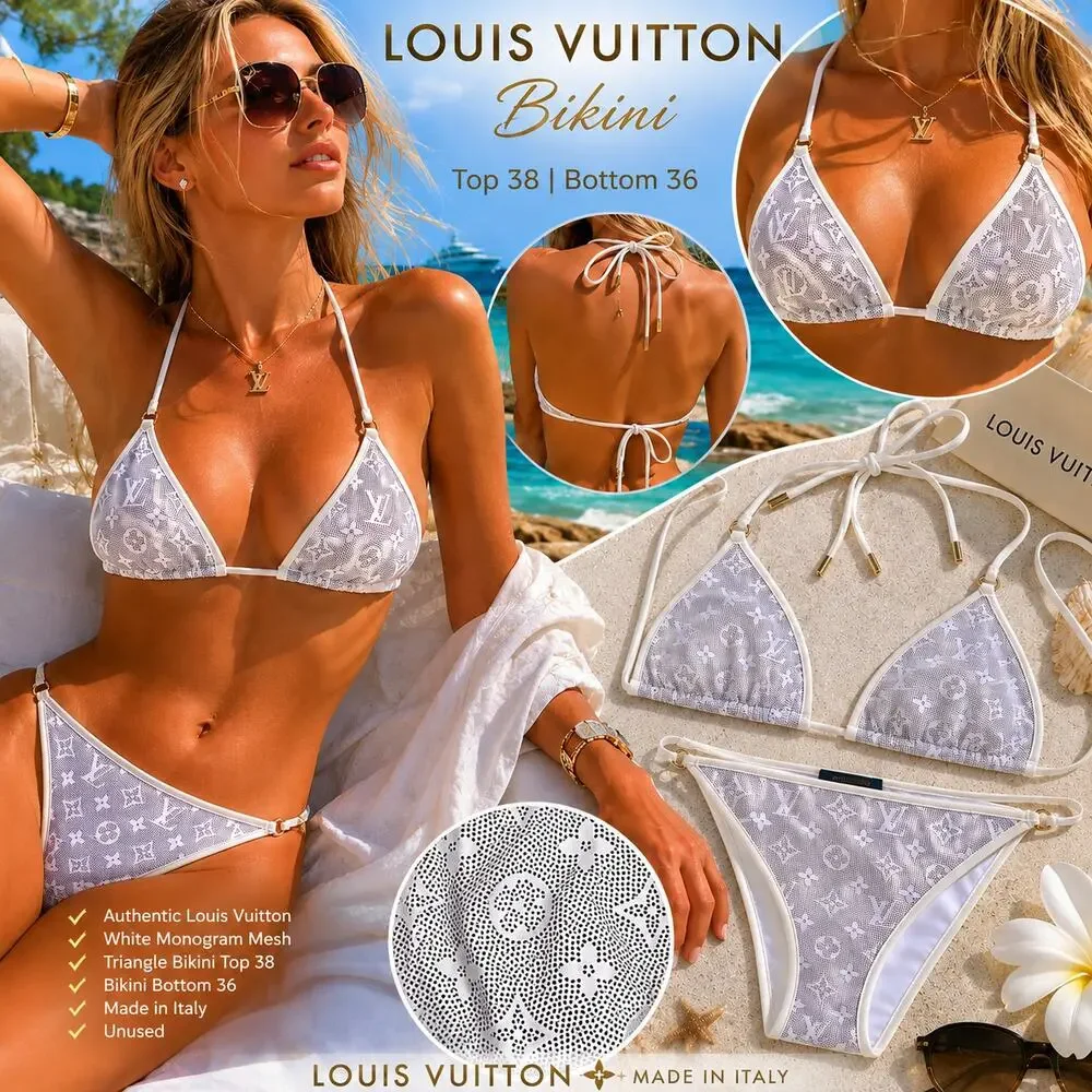 Louis Vuitton Gray White Monogram Triangle Bikini Set Top 38 Bottom 36 Small LTD